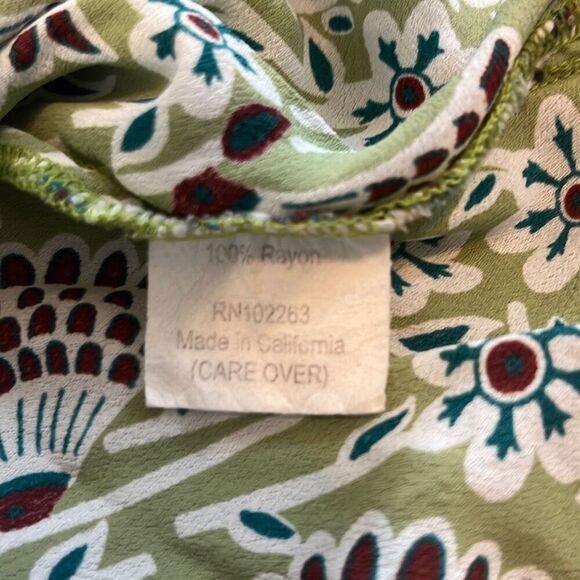 Loco Lindo Y2K Vintage Small Green Floral Silky Ruched Front Tie Blouse Top - Picture 5 of 7